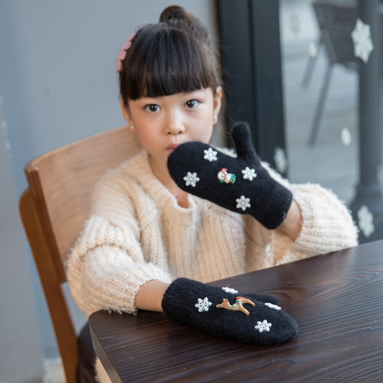 One Pair Christmas Snowflake Double Layer Thickening Winter Warm Knitted Full Finger Gloves