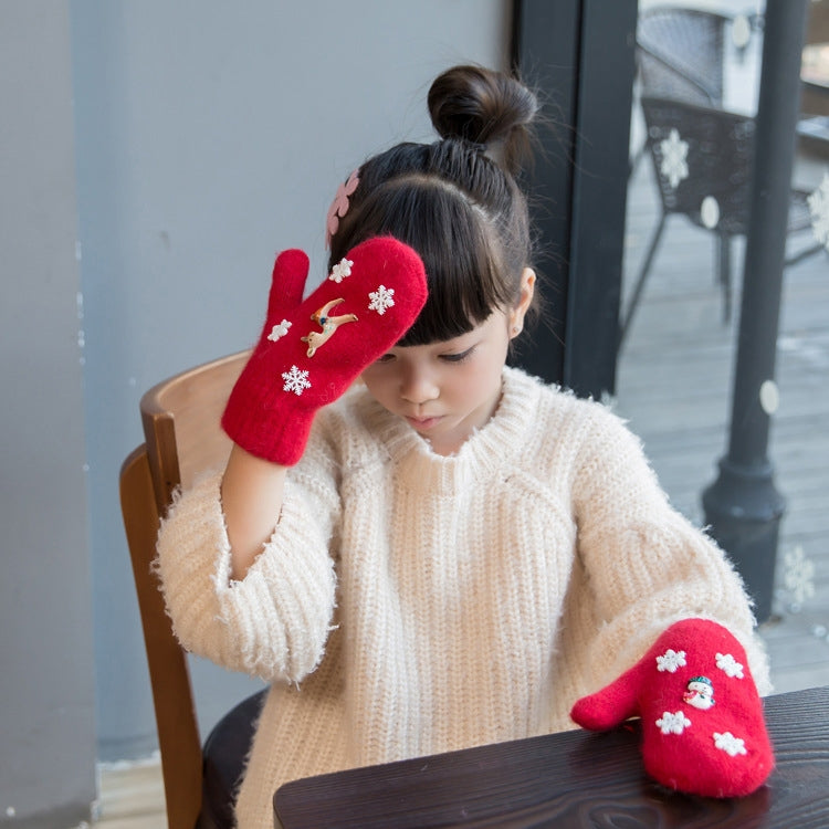 One Pair Christmas Snowflake Double Layer Thickening Winter Warm Knitted Full Finger Gloves