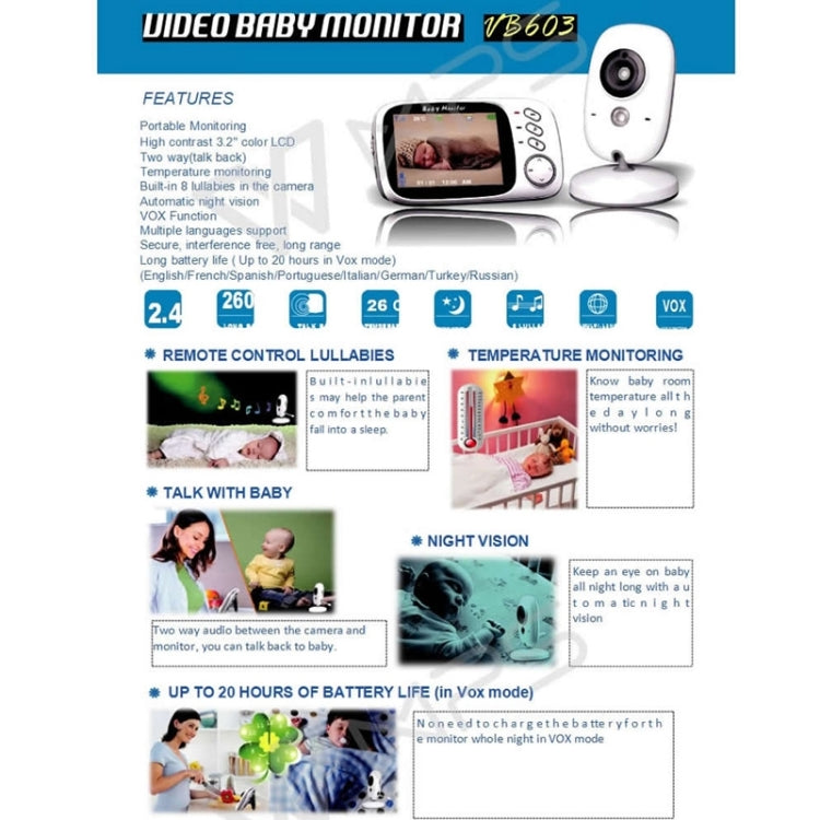 VB603 3.2 inch LCD 2.4GHz Wireless Surveillance Camera Baby Monitor, Support Two Way Talk Back, Night Vision(White)