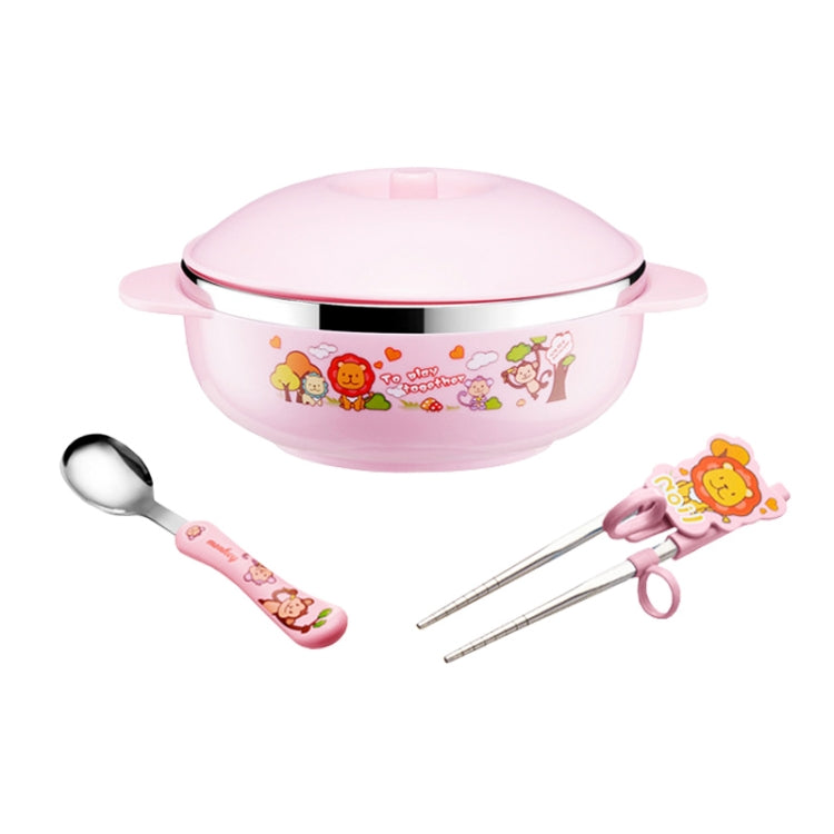 Set Of Child Using Cutlery Including Stainless Steel Thermal Insulated Cartoon Style Bowl With Cover And Handles, Chopstics, Spoon And Fork