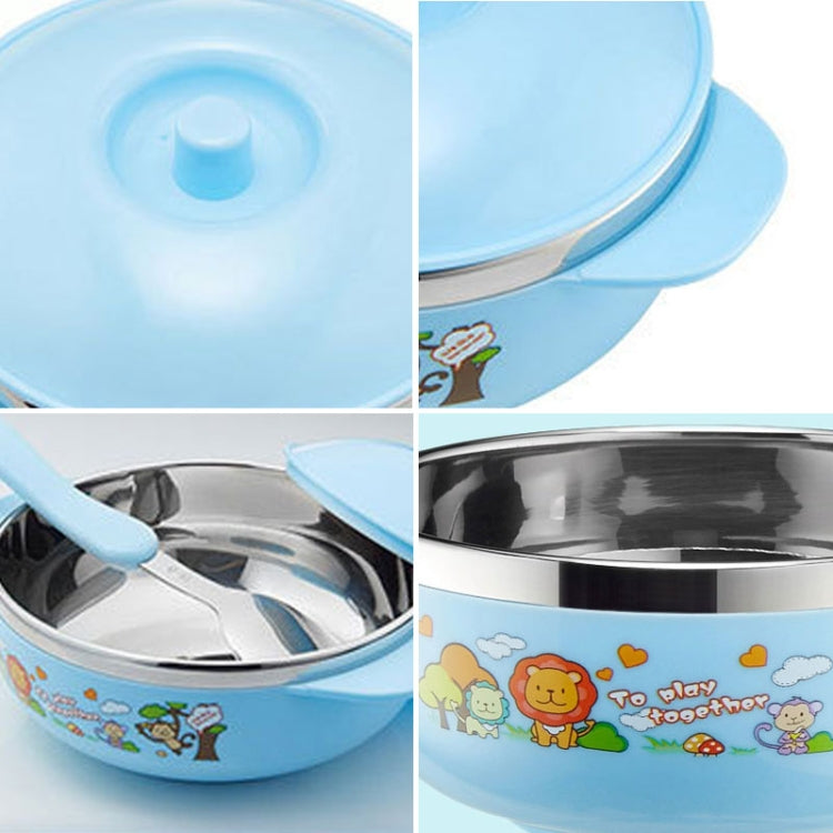 Set Of Child Using Cutlery Including Stainless Steel Thermal Insulated Cartoon Style Bowl With Cover And Handles, Chopstics, Spoon And Fork
