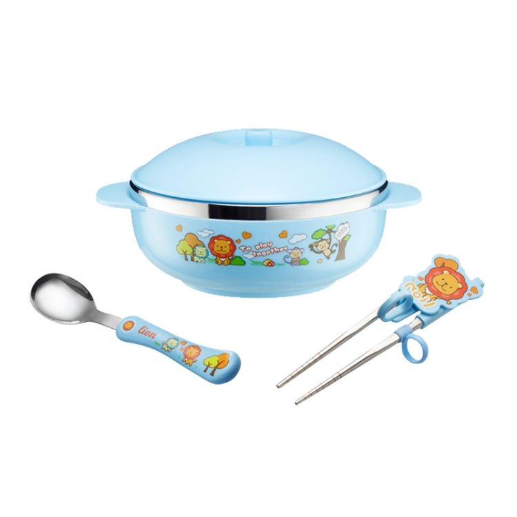 Set Of Child Using Cutlery Including Stainless Steel Thermal Insulated Cartoon Style Bowl With Cover And Handles, Chopstics, Spoon And Fork