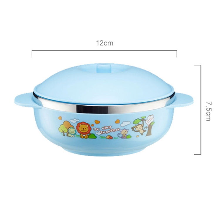 Set Of Child Using Cutlery Including Stainless Steel Thermal Insulated Cartoon Style Bowl With Cover And Handles, Chopstics, Spoon And Fork