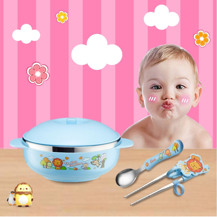 Set Of Child Using Cutlery Including Stainless Steel Thermal Insulated Cartoon Style Bowl With Cover And Handles, Chopstics, Spoon And Fork