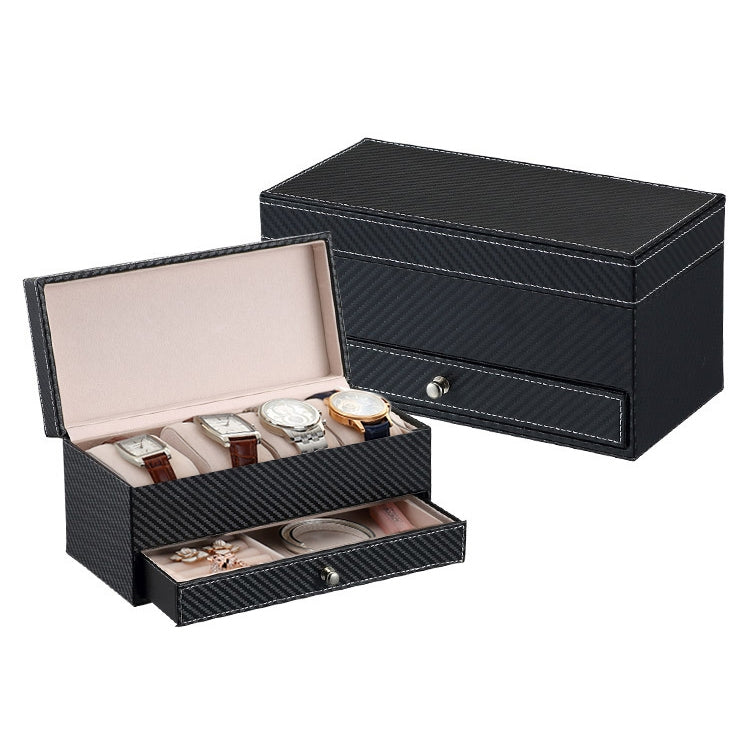 Watch Box Large 4 Slots Carbon Fiber Leather Display Glass Top with Jewelry Box Case Organizer Tray