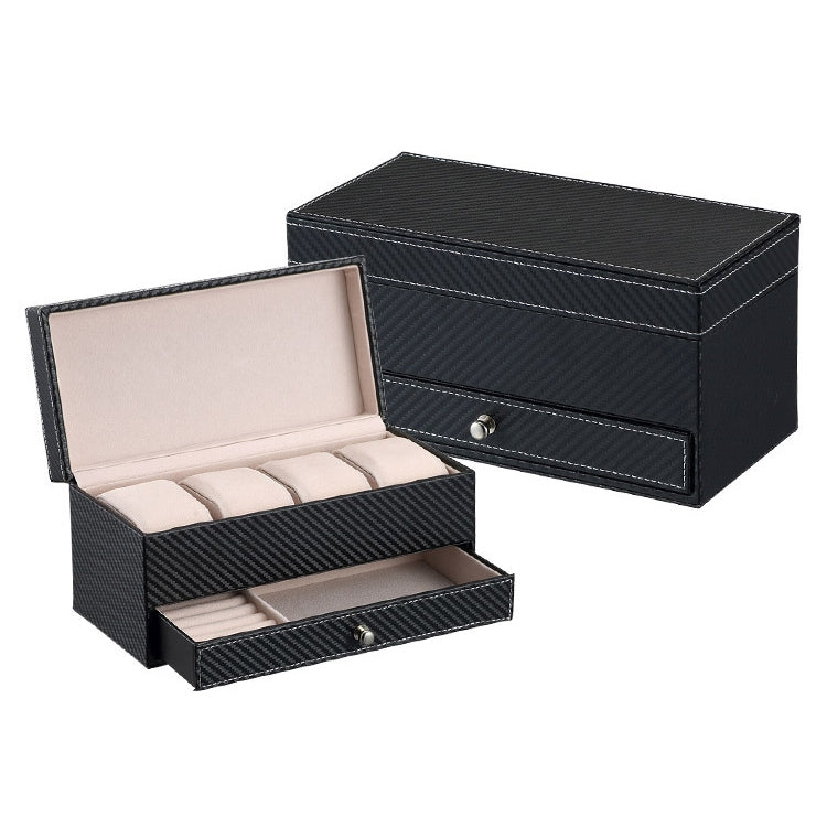 Watch Box Large 4 Slots Carbon Fiber Leather Display Glass Top with Jewelry Box Case Organizer Tray