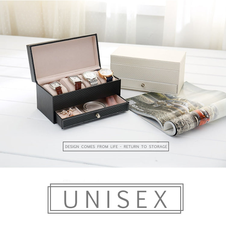 Watch Box Large 4 Slots Carbon Fiber Leather Display Glass Top with Jewelry Box Case Organizer Tray