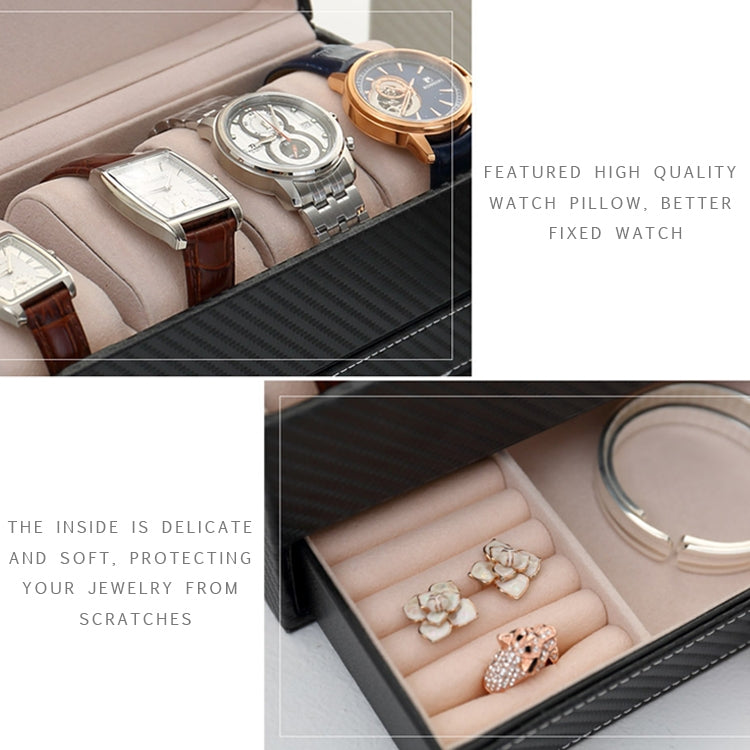 Watch Box Large 4 Slots Carbon Fiber Leather Display Glass Top with Jewelry Box Case Organizer Tray