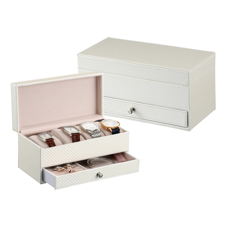 Watch Box Large 4 Slots Carbon Fiber Leather Display Glass Top with Jewelry Box Case Organizer Tray