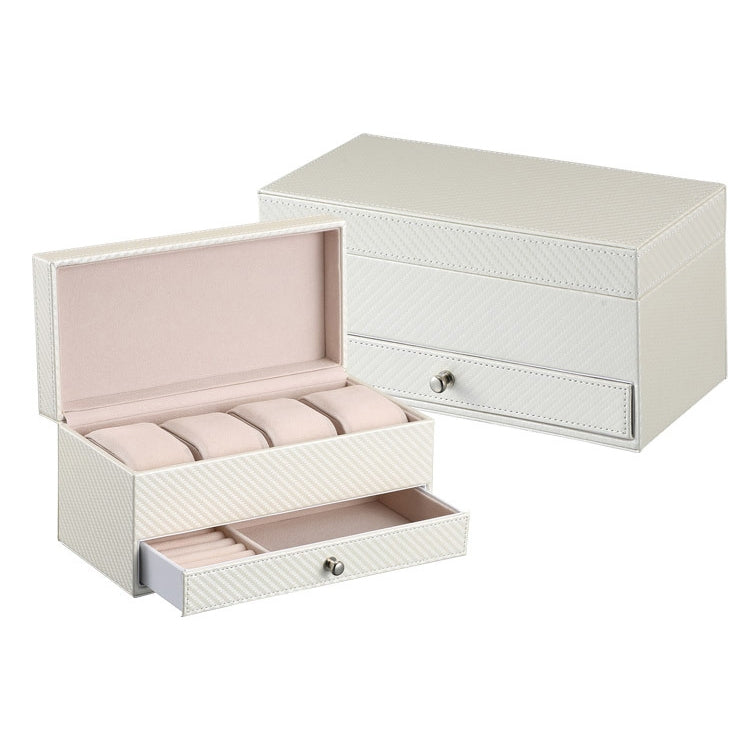 Watch Box Large 4 Slots Carbon Fiber Leather Display Glass Top with Jewelry Box Case Organizer Tray