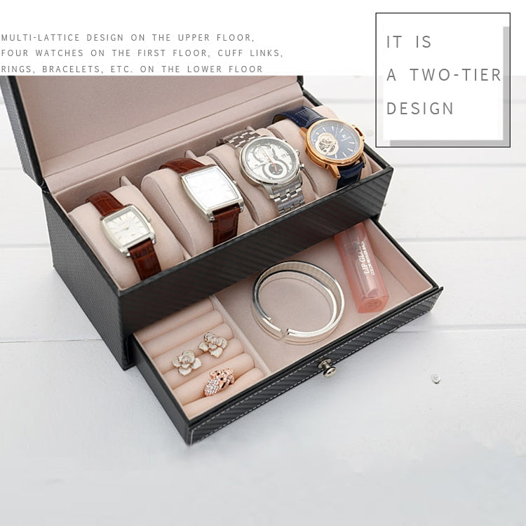 Watch Box Large 4 Slots Carbon Fiber Leather Display Glass Top with Jewelry Box Case Organizer Tray