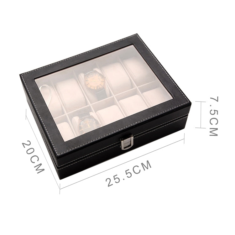 Watch Box 10 Slots Pu Leather Display Glass Top Jewelry Case Organizer Box(Black)