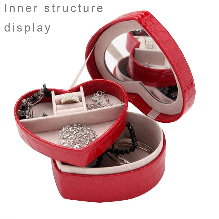 Two-layer Heart Shape Small Jewelry Box Synthetic Leather Rings and Earrings Mirrored Travel Storage Case