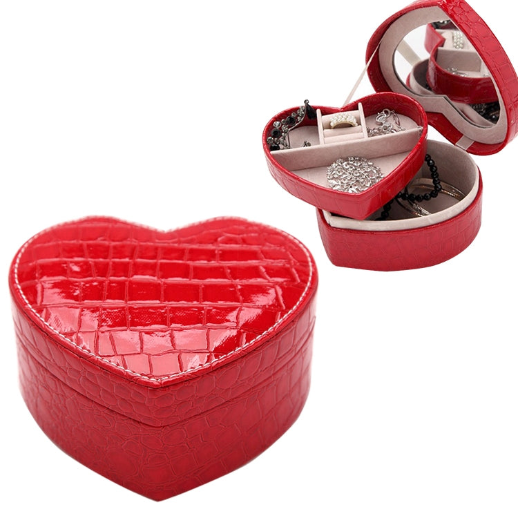 Two-layer Heart Shape Small Jewelry Box Synthetic Leather Rings and Earrings Mirrored Travel Storage Case