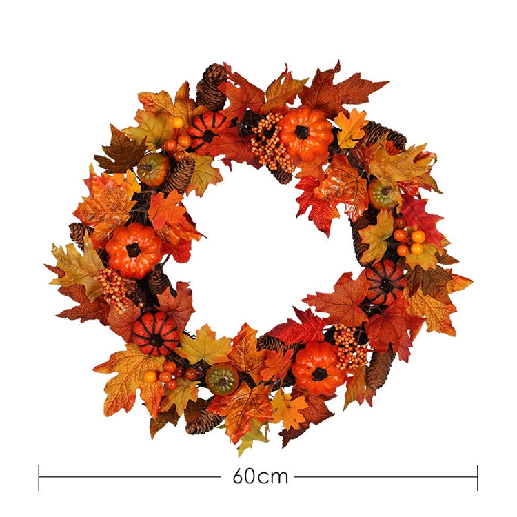 60cm Halloween Christmas Pumpkin Pine Cone Maple Wreath Home Decoration Pendant with Light