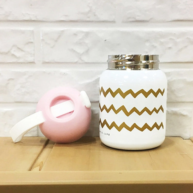 220ml  Stainless Steel Vacuum Thermos Heat Insulate Cute Mini Water Bottle With Handle Strap For Female(white+wave line)