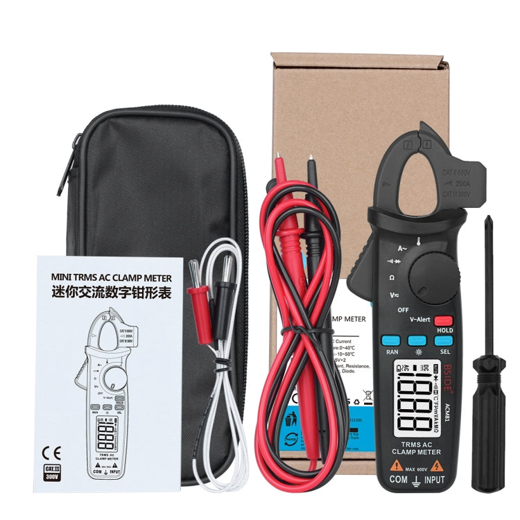 BSIDE ACM82 Digital Mini TRMS AC Clamp Meter Auto Range 0.001A Current Test Hz Temp Ohm uF V-alert Live Check with Pocket Clip (Black)