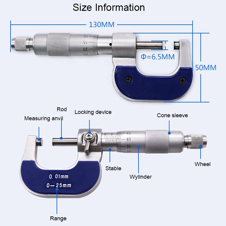 Stainless Steel Screw Micrometer Outer Diameter Micrometer 0-25mm