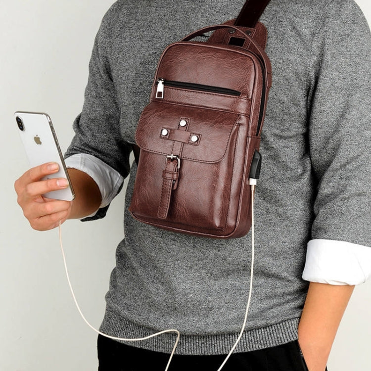 Universal Fashion Casual Outdoor Men Shoulder Messenger Bags Retro Men Waist Bag with Charging Port, Size: L (28cm x 19cm x 5.5cm)(Brown)