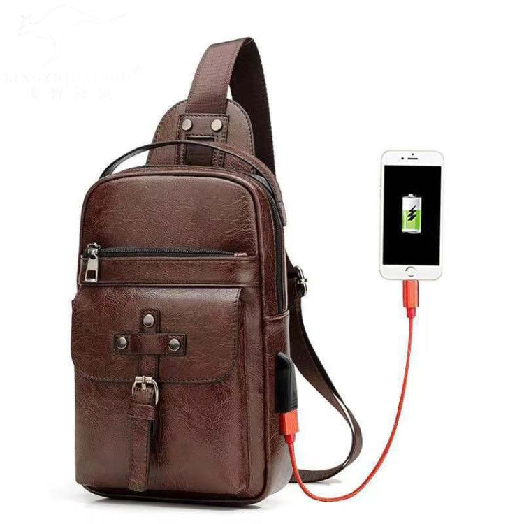 Universal Fashion Casual Outdoor Men Shoulder Messenger Bags Retro Men Waist Bag with Charging Port, Size: L (28cm x 19cm x 5.5cm)(Brown)