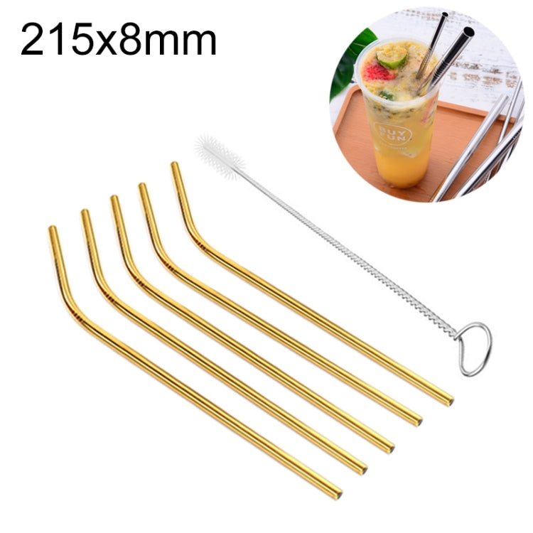 5 PCS Reusable Stainless Steel Bent Drinking Straw + Cleaner Brush Set Kit,  215*8mm