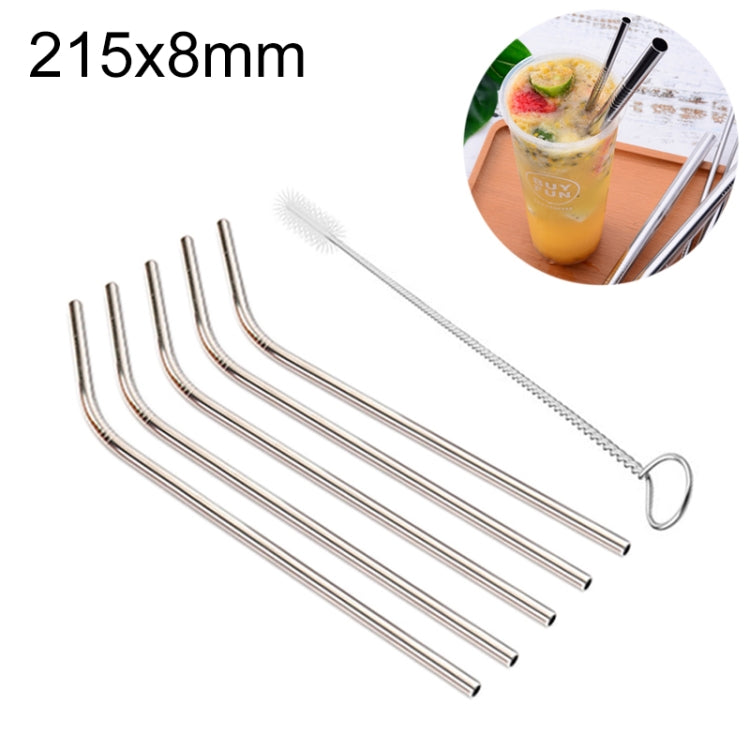 5 PCS Reusable Stainless Steel Bent Drinking Straw + Cleaner Brush Set Kit,  215*8mm
