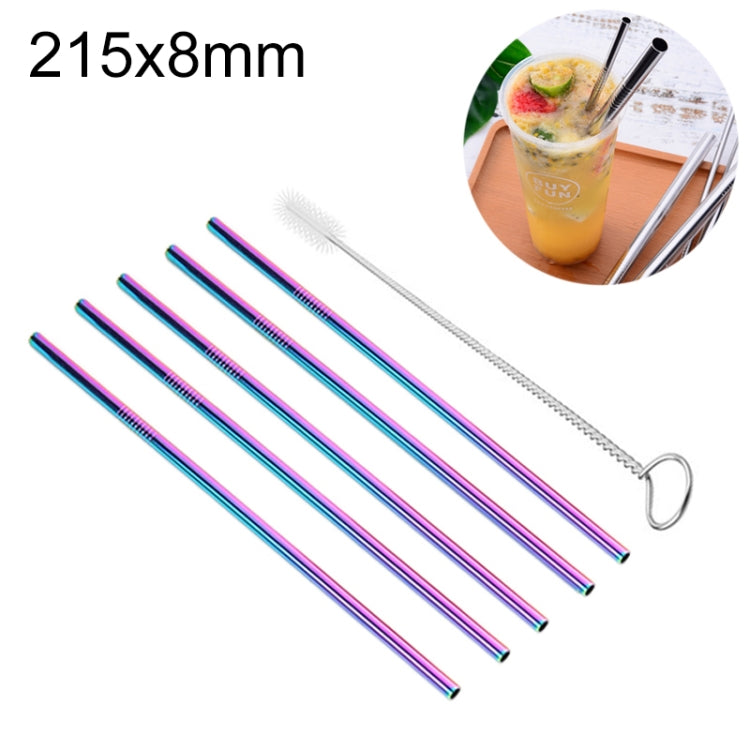 5 PCS Reusable Stainless Steel Straight Drinking Straw + Cleaner Brush Set Kit,  215*8mm