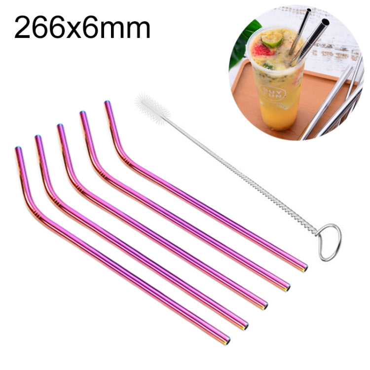 5 PCS Reusable Stainless Steel Bent Drinking Straw + Cleaner Brush Set Kit,  266*6mm