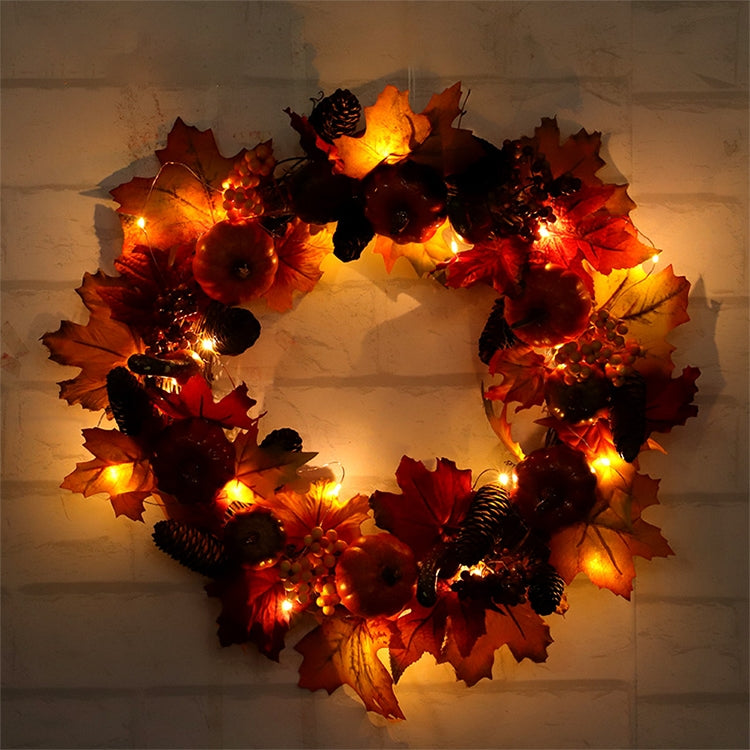 45cm Halloween Christmas Pumpkin Pine Cone Maple Wreath Home Decoration Pendant with Light