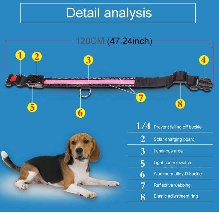 1.2m Medium and Large Dog Pet Solar + USB Charging LED Light Traction Rope, Sizeï¼š120cm