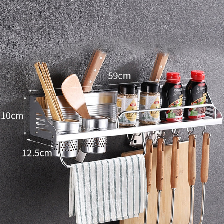 60cm 2 Cups 10 Hooks Multi-function Kitchen Punching Wall-mounted Aluminum Edge Condiment Holder Storage Rack