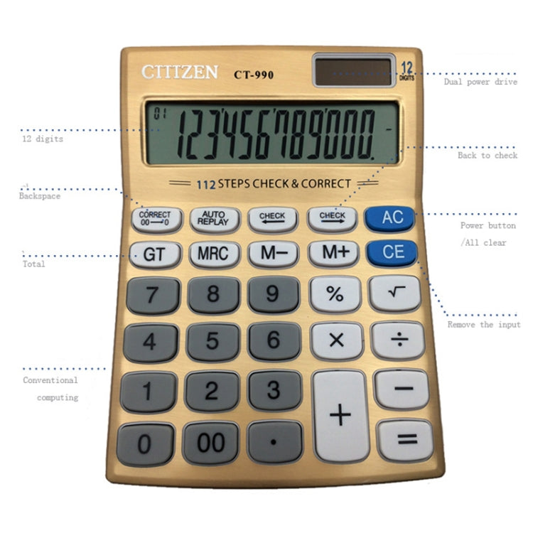 CT-990 Electronic Calculator 12 Bit Superior Quality Large Solar and AA Battery Dual Power Calculator
