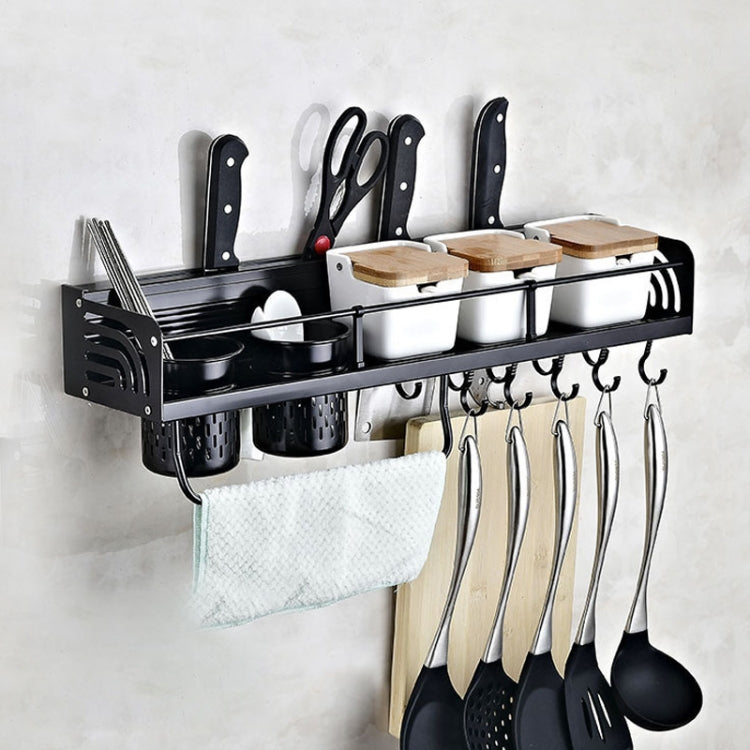B Version 60cm 2 Cups 8 Hooks Kitchen Multi-function Wall-mounted Condiment Holder Storage Rack (Black)