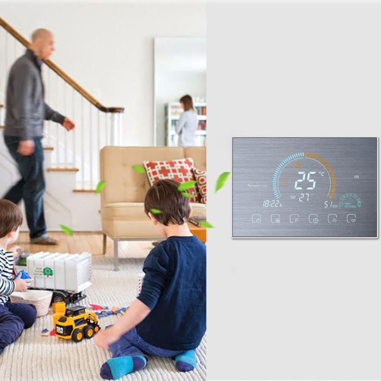 BHT-8000-GALW-SS Brushed Stainless Steel Mirror Control Water Heating Energy-saving and Environmentally-friendly Smart Home Negative Display LCD Screen Round Room Thermostat with WiFi