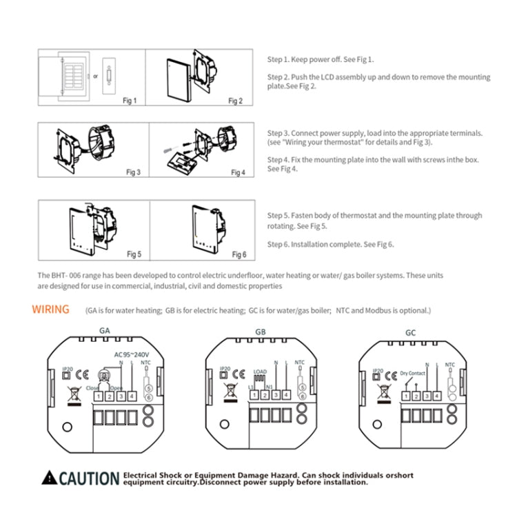 BHT-006GBLW 95-240V AC 16A Smart Home Heating Thermostat for EU Box, Control Electric Heating with Only Internal Sensor & External Sensor & WiFi Connection