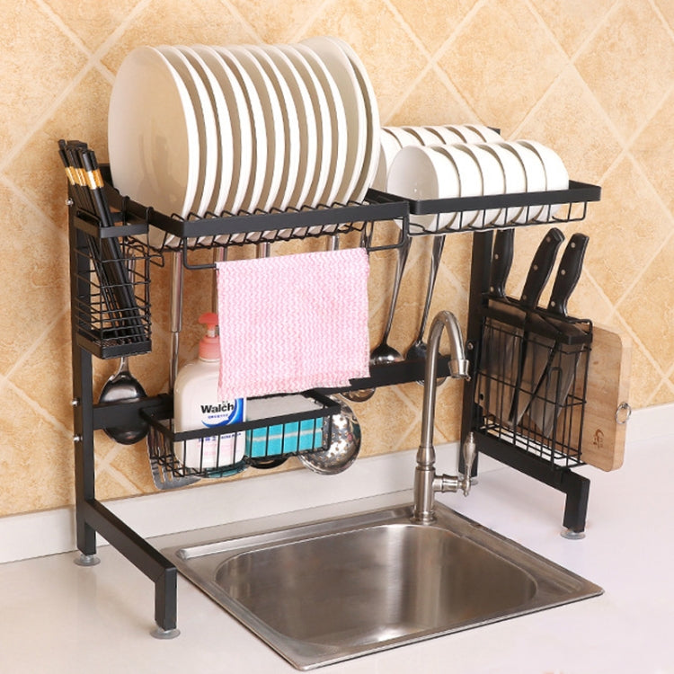 62cm Stainless Steel Kitchen Bowl Dish Knife Chopping Block Chopsticks Drain Rack Storage Holder, Deluxe Version(Black)