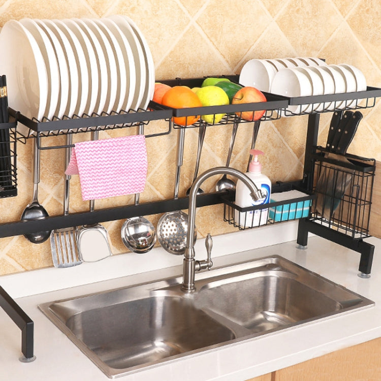 92cm Stainless Steel Kitchen Bowl Dish Fruit Basket Knife Chopping Block Chopsticks Drain Rack Storage Holder, Deluxe Version(Black)