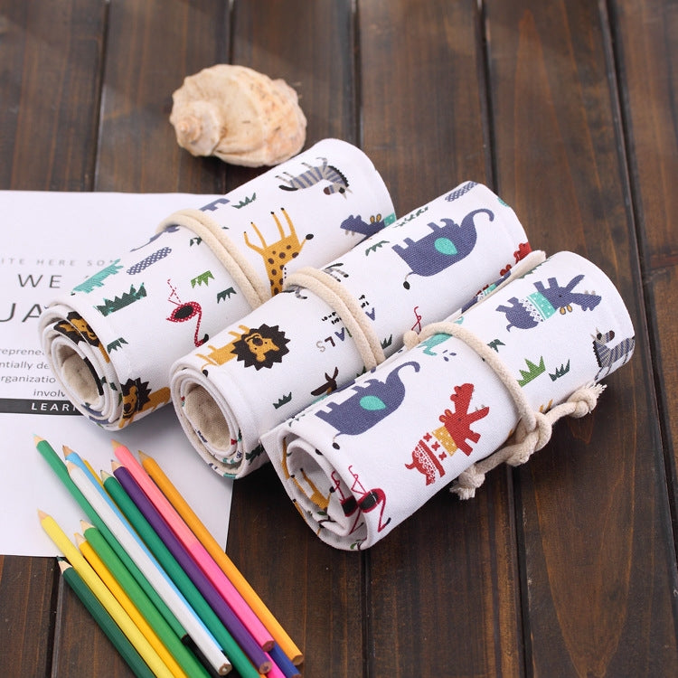 48 Slots Cartoon Animal Print Pen Bag Canvas Pencil Wrap Curtain Roll Up Pencil Case Stationery Pouch