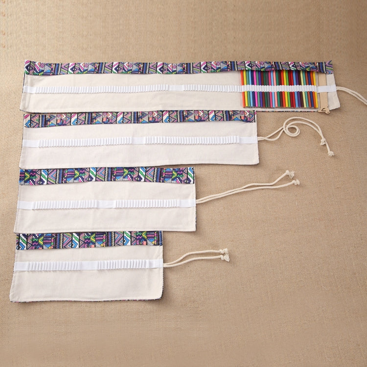 48 Slots Ethnic Print Pen Bag Canvas Pencil Wrap Curtain Roll Up Pencil Case Stationery Pouch