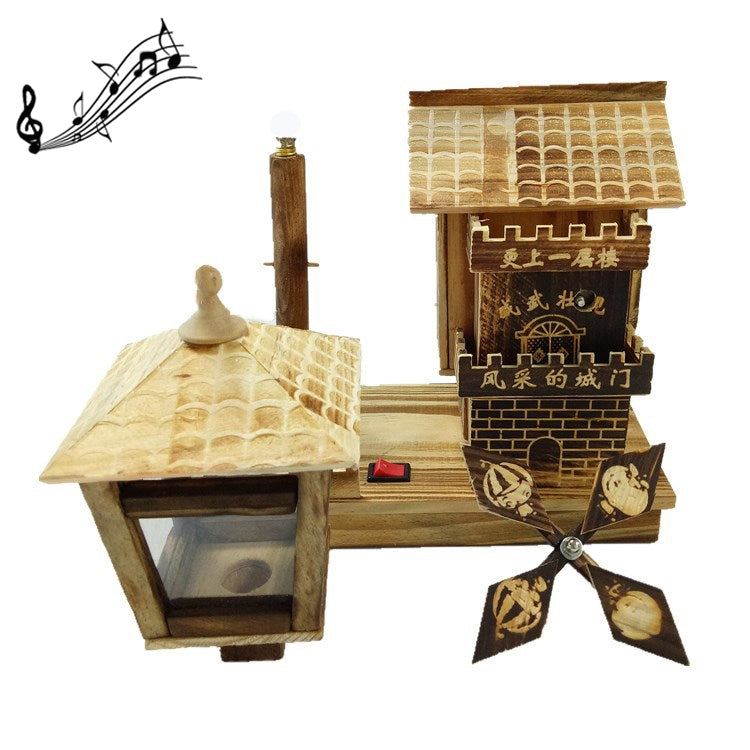 Retro Windmill House Style Wooden Music Box Home Decoration with LED Lamp