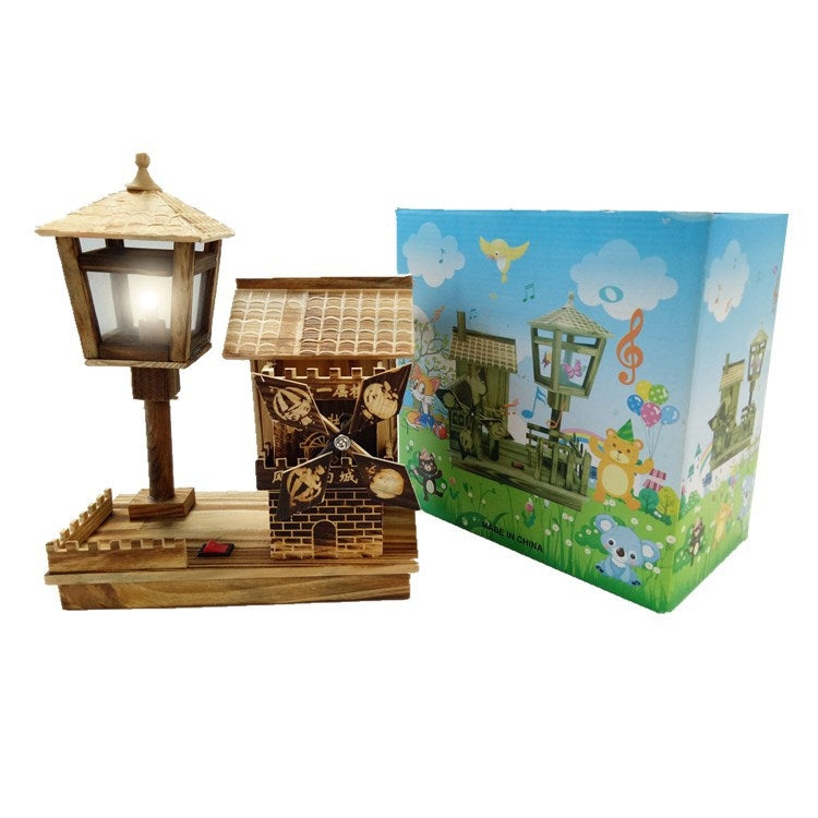 Retro Windmill House Style Wooden Music Box Home Decoration with LED Lamp