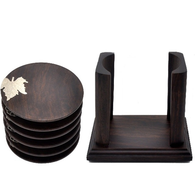 Retro Solid Wood Black Sandalwood Tea Cup Cushion Set,