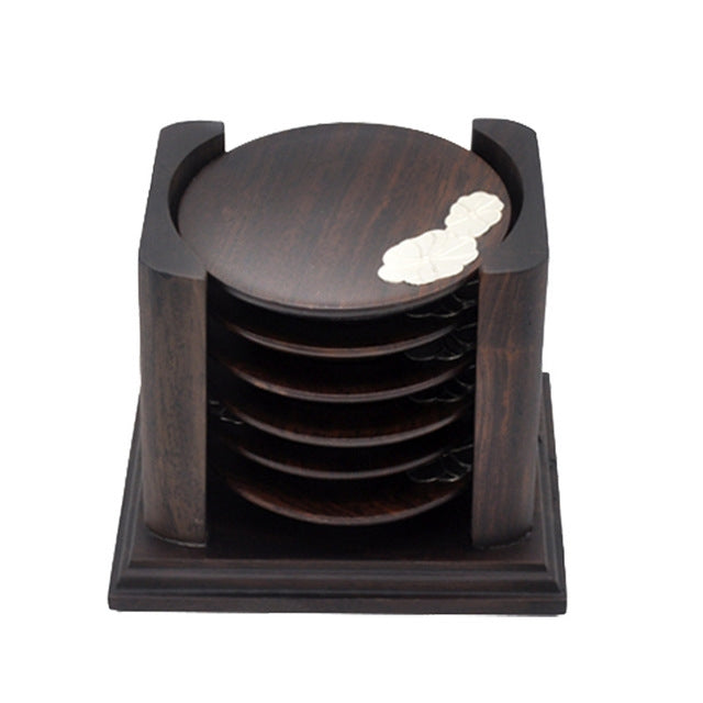 Retro Solid Wood Black Sandalwood Tea Cup Cushion Set,