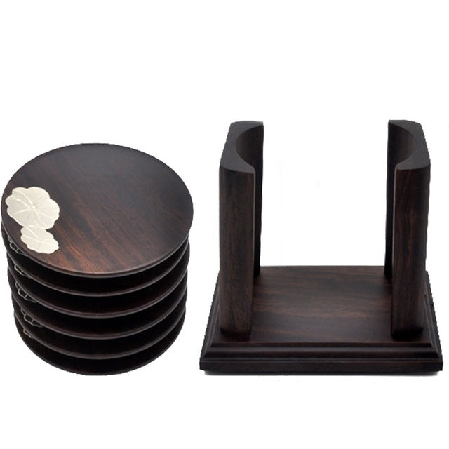 Retro Solid Wood Black Sandalwood Tea Cup Cushion Set,