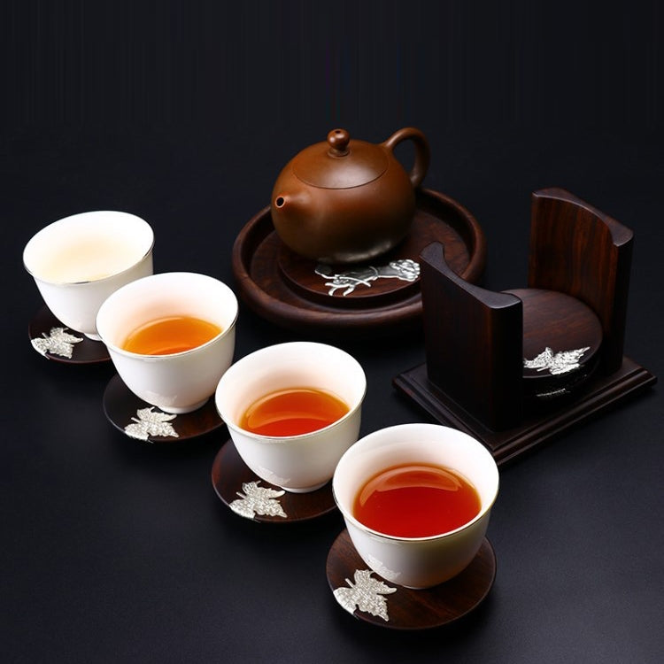 Retro Solid Wood Black Sandalwood Tea Cup Cushion Set,