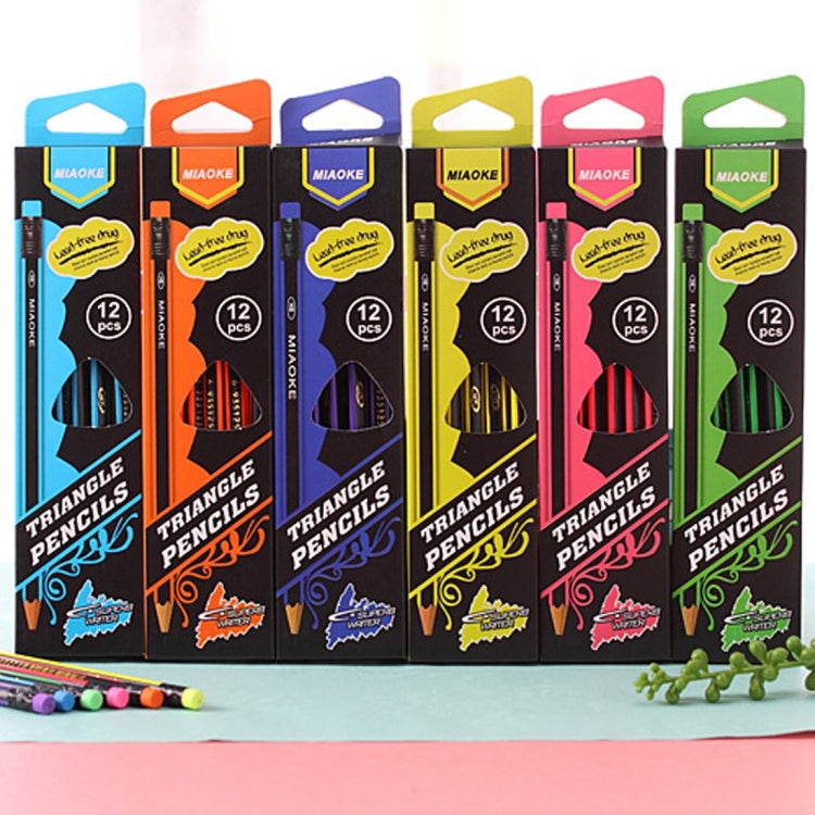 12 PCS Colorful Stripe Triangle Pencil School Students Drawing Pencil Stationery Comfortable Grip with Eraser, Random Color Delivery