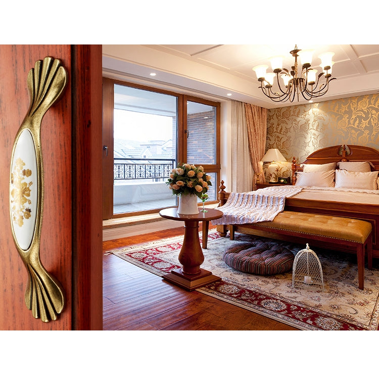 3 PCS 5026_128 Fine Golden Flower Pattern Zinc Alloy Ceramic Cyan Cabinet Drawer Handle