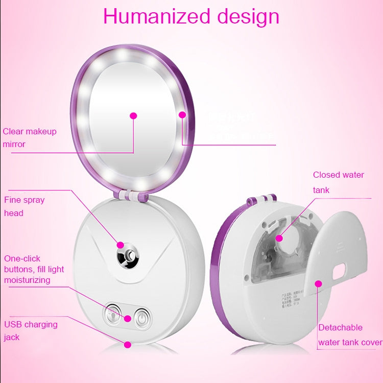 4 in 1 Portable Nano Mist Beauty Facial Cool Sprayer Face Steaming Device Automatic Alcohol Sprayer with Makeup Mirror & LED Beauty Light & Mobile Charger Function