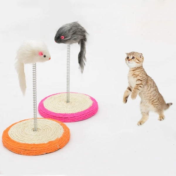 Pet Cat Playing Toys Sisal Spring Seat Cat Scratch Board With Mouse, Board Diameter: 15cm, Random Color Delivery
