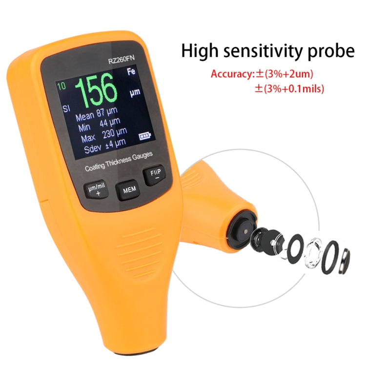 RZ260FN Ferrous & Non-Ferrous 2 in 1 LCD Display Ultrasonic Coating Paint Thickness Gauge Meter Tools (Orange)